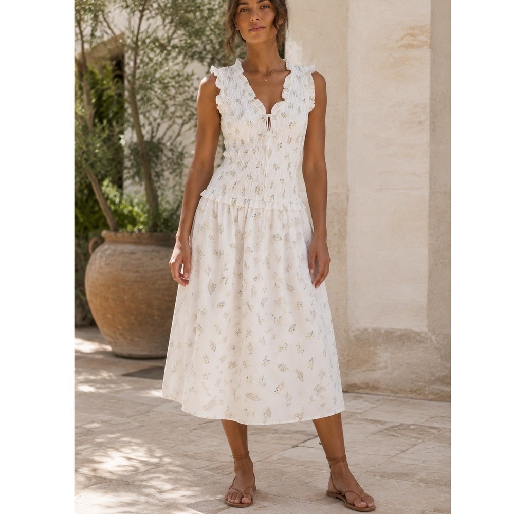 Rails Dion Amaryllis White Floral Smocked Seersucker Cotton Midi Dress XS to M